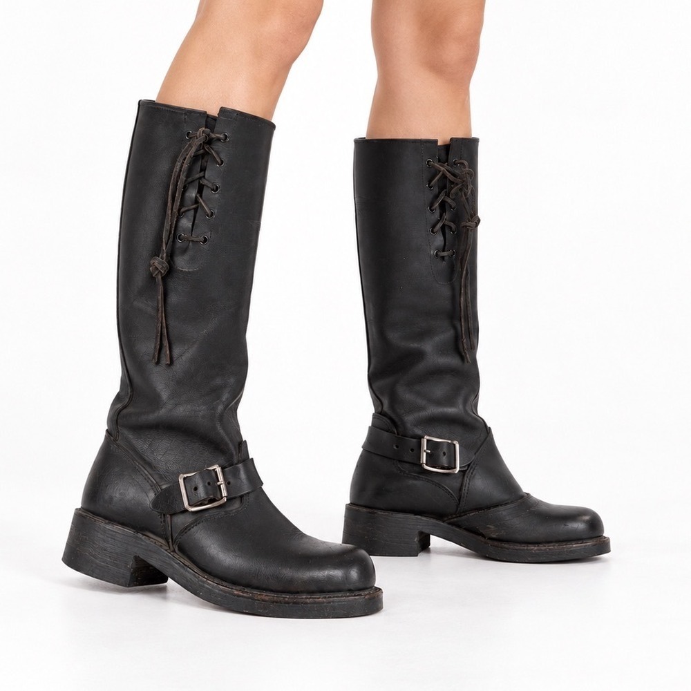 Cord Vintage Y2K Black Leather Engineer Moto Boots Women's Size 8.5